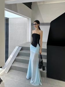 กระโปรงยาวคลุมสะโพกผ้าชีฟองสีน้ำเงิน ทรงเกาะอกเซ็กซี่ กระโปรงทรงหางปลา ทรงเข้ารูป สำหรับผู้หญิงในฤดูร้อน