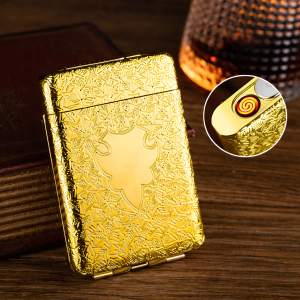 Bật lửa điện kiêm Hộp đựng thuốc 16 điếu lớn ngắn đồng thau hoa văn cổ - sạc điện