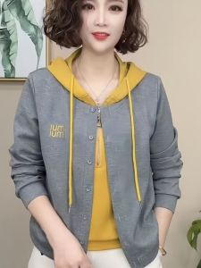 Spring Autumn 2025 New Fashion Color Block Hooded Drawstring Sweatshirt Womens Slimming Concealing Top Korean Style Loose Fit