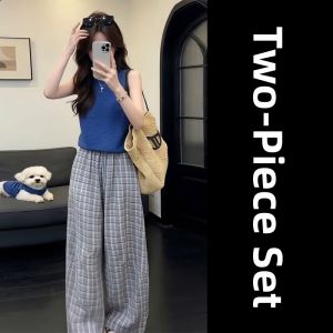 ZHENMANZI | Summer Stylish Korean Outfit Petite Blue Vest Plaid Pants Set