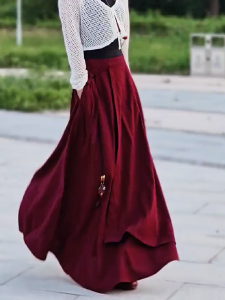 MANMI | Chân Váy Dài Màu Đỏ Nhạt Thời Trang Mature Cao Waist