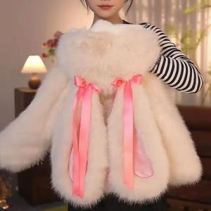 Thickened Fur Coat with Rabbit Ear Hat Warm Winter Clothes for Girls Childrens Cute Fleece Lined Hooded Coat Sweet Style