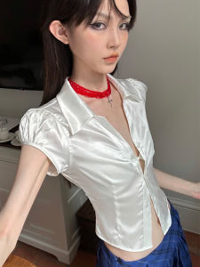 French Style Short Sleeve Bubble Sleeve Waist Cinched Satin Finish White Shirt for Women Polo Collar Pure Color Slim Fit Shirt