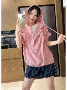 Pink Layered Bubble Gauze Short Sleeve Hoodie Shirt
