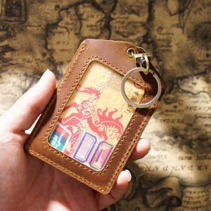 Crazy Horse Leather Card Holder with Keychain Bus Card Cover Student Office Worker Employee ID Card Cases