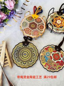 Waterproof Oil-resistant Ceramic Cup Mat with Rope Heat Insulation Pad for Dining Table Vintage American Style Irregular Shape