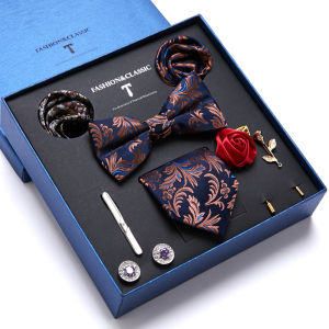 High Quality Holiday Gift Box 7.5 cm Blue Floral Tie Hanky Pocket Squares Cufflink Clip Set Necktie For Man Birthday Present