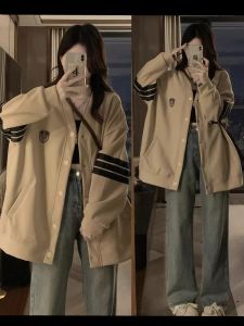 เสื้อแจ็คเก็ตเบสบอลแขนยาวสำหรับผู้หญิง ฤดูใบไม้ผลิและฤดูใบไม้ร่วง สไตล์ใหม่ หลวม ไซส์ใหญ่ สำหรับนักเรียน เสื้อคลุมคาร์ดิแกนแบบสวมสบายๆ