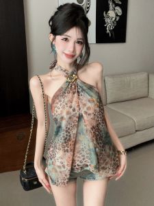 GUZILIAN | Summer Leopard Print Halter Camisole and Denim Shorts Set