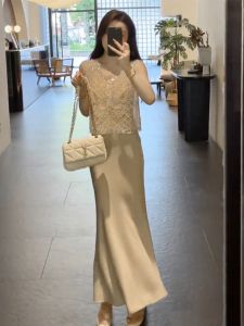 2026 Style Thin Breathable Design Embroidery Mesh Top Skirt Set