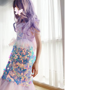 Girls Mermaid Tail Sequin Dress Childrens Day Birthday Gift Short Sleeve Fiber Material Princess Dress Spring Summer Skirt