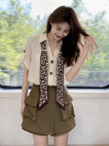 Plus Size Elegant Scarf Neck Short Sleeve Shirt Shorts Suit