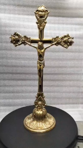 Brass Crucifix with Base 9.75" 13.25" Height | Catholic Jesus Christ Cross | Church Altar Chapel Religious Decor
