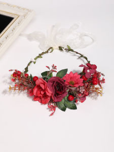 Serene Style Wine Red Rose Artificial Flower Garland Headpiece for Bridesmaid at Wedding Hair Accessory for Vacation Photo Shoot
