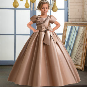 Teens Bridesmaid Bow Party Girls Dress Elegant Christmas Gown Short Sleeve Princess Kids Dress for Girl Evening Birthday Vestido