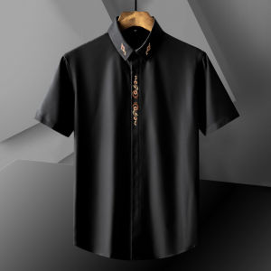 plus Size Chinese Style Stand Collar Short Sleeve Mens Shirt Fashionable Inner Wear Casual Slim Fit Polyester Blend Shirt