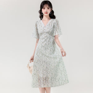 puella | Vintage Floral Elegance Slimming V-Neck Waist-Cinching Dress