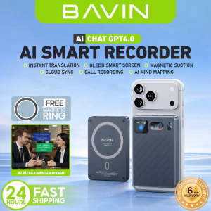 BAVIN MP107 Magnetic AI Voice Smart Recorder w/ Real-Time Translation Call Recording Ultra-Slim / AI Transcription