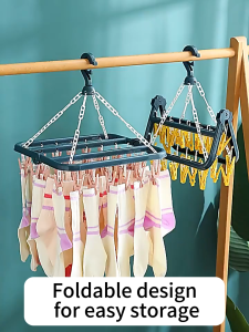 (HOME+) Folding Hanging Clothes Rack With 32 Clips and Multifunctional Windproof and Sun Drying Clothes Rack