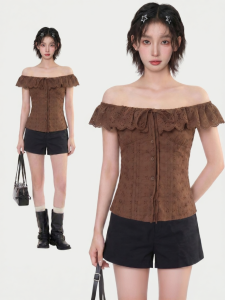 KBVVR | Lace Retro Sleeve Frilled Peplum Hem Cropped Blouse