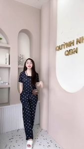 Set Đồ Bộ Nơ Thun TĂM LẠNH Áo Tay Ngắn Viền Ren + Quần Suông Dài Nữ Thời Trang