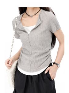 Slimming Effect Knitted Short Sleeve T-Shirt Casual Style Womens Summer Top Grey Color Block Casual Fashion Womens Tee