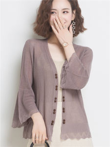 Ice Silk Loose Knitted Cardigan Womens Summer Thin Air Conditioner Outerwear Seven Sleeve Sun Protection Open Cardigan