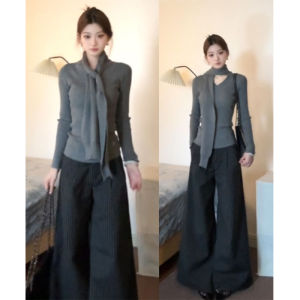 BINKAFENNY | เสื้อชั้นในถักคอวีผูกเอวสีเทาสไตล์เกาหลีสำหรับผู้หญิง เสื้อชั้นในฤดูใบไม้ร่วงที่หรูหราและสง่างาม เสื้อชั้นในดีไซน์เก๋ไก๋สำหรับใส่ด้านนอก