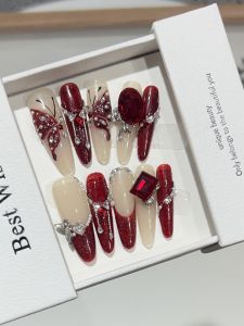 Red Butterfly Knot Nail Art Full Diamond Bead New Years Atmosphere Sensation Wearable Nail Tips Gentle Color Series Chinese Origin