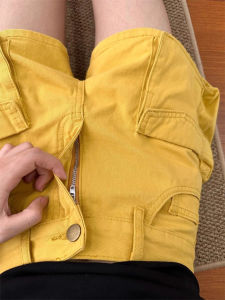 Yellow Multi-Pocket Workwear Shorts Womens Summer 2025 High Waist Slimming Fashion Loose Casual Hot Pants Straight Leg Jeans