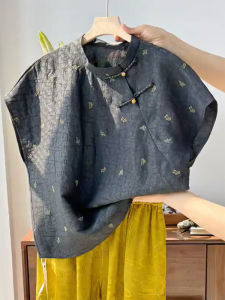QINGNAER | Oversized Vintage Chinese Style Black Embroidery Crackle Shirt