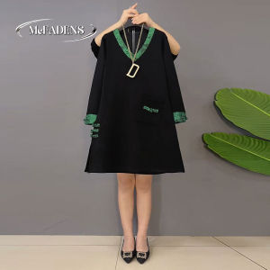 Slimming Effect Chinese Style Color Block Loose plus Size Womens Dress Covering Flattering A-Line Midi Dress for Spring Autumn