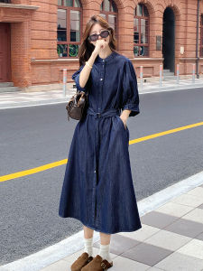 Loose Fit Korean Style Denim Shirt Dress Womens Autumn New Fashion Casual Long Sleeve Dark Blue Colorful Commute Dress