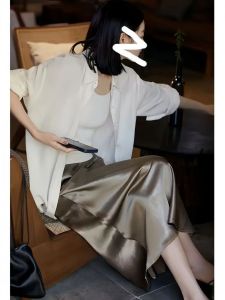 Váy Midi Chữ a Cạp Cao Không Đều Cho Nữ Mùa Xuân Thu Bằng Vải Satin Acetate Váy Dài Đa Năng Thanh Lịch Có Khóa Kéo Bên Hông