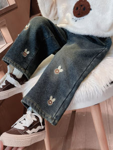 กางเกงยีนส์ขากว้างผ้าขนแกะสำหรับเด็กผู้หญิง ฤดูหนาว 2025 ใหม่ อบอุ่น ลำลอง กางเกงยีนส์ขากว้างสไตล์เกาหลี ทรงเข้ารูป