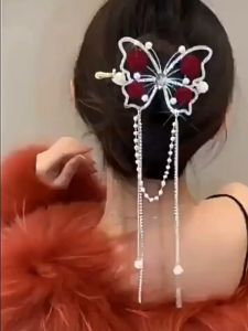 Elegant Shiny Exquisite Red Rose Flocking Hair Clip Vintage Butterfly Tassel Hair Claw Women Gifts