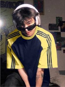 Summer Short Sleeve Mens T-shirt Color Block Three Stripe Heavyweight Handsome Five Inch Sleeve Top Youth Fashion Casual Wear