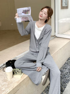 Gray Korean Style Loose Lazy Fashion Womens Set Pants Autumn New Cardigan Top Wide Leg Pants Two Piece Set Casual Wear