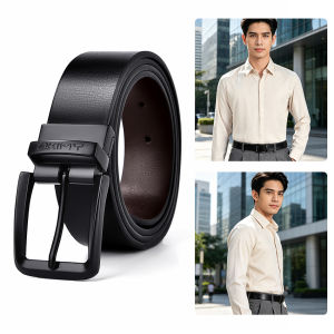 MENSPE Men Belt Outdoor Simple Belt Pin Buckle Belt Rotating Buckle Second-layer Cowhide Waistband Double-Sided Two-Color Belt Youth Sports Pant Belt Simple Nice Waistband