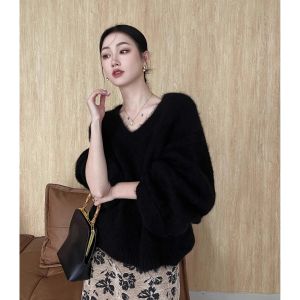 Christmas Red V-Neck Knitted Sweater Womens Autumn Winter Soft Cozy Faux Mink Inner Wear Top Commute Style Loose Fit Pure Color