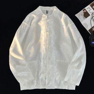 Spring & Fall New Chinese Style Dark Dragon Pattern Buckle Chinese Style Tang Suit Shirt Summer Jacket Long-Sleeved Shirt Tops Men and Women Fashion