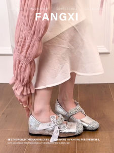 French Style Sequin Square Toe Flat with Hidden Heel Low-cut Crystals Bow Mary Jane Shoes