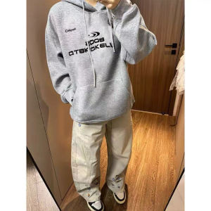 เสื้อสเวตเตอร์คอกลมแขนยาวบุขนแกะพิมพ์ลายตัวอักษรสไตล์อเมริกันสตรีทแฟชั่นสำหรับผู้ชาย ฤดูใบไม้ร่วง/ฤดูหนาว ทรงหลวม ปกติ