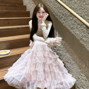 CHANGTONG | French Lace Patchwork Mesh Waist-Cinching Dress