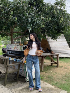 Popchee Comfortable Light Wash Wide Leg Jeans Cat Eye White Jade Summer Breeze Casual High Waist Loose Fit Straight Leg Pants