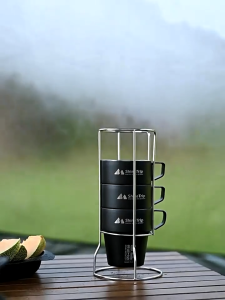 Shinetrip Portable 4PCS Stainless Steel Cup Set 300ml with Holder Rack Camping Cookware Picnic Table Peg Flysheet Black