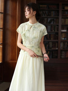 New Chinese Style Silk Long Dress Fake Two-Piece Water-Media Painting Fashionable Summer Gown Soft Material Short Sleeve