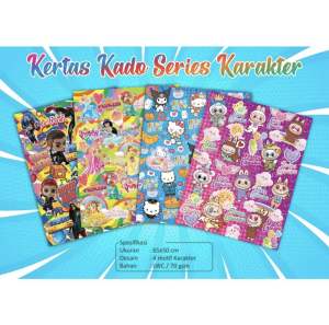 Kertas Kado Glossy Karakter Labubu Bunga Batik Boneka 50lembar (65x50cm /70gr)