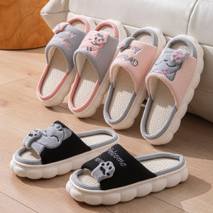 Cute Linen Slippers Womens Thick Bottom Home Use Comfortable Cotton Linen Indoor Slippers Anti-Slip PVC Bottom Flat Sandals