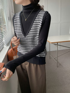 Womens Knitted Vest Top V-neck Plaid Layering Outerwear Sleeveless Spring Autumn Versatile Fashionable Commute Style